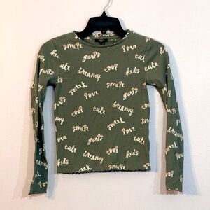 Forever 21 | Girls Green Ribbed Long Sleeve White Logo T shirt Top Size 11/12